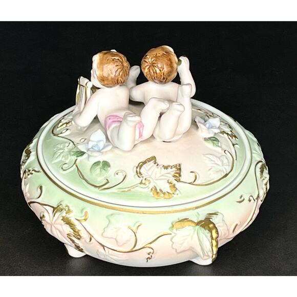 VTG Cherubs COVERED DISH Bisque Porcelain Footed Dresser Box Harp Horn Gold Pink - Picture 5 of 11